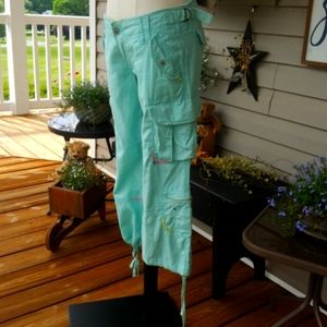 MISS ME USA ♡ RARE Sweet 6 Pkt Embroidery Stitched Aqua Linen Cargo Capris S|4